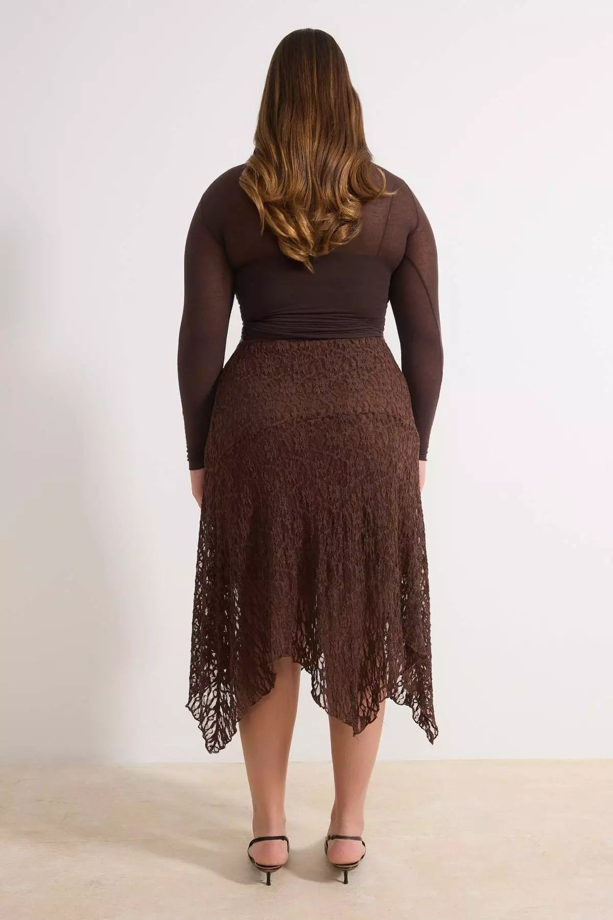 Brown Lace Asymmetric Handkerchief Form Midi Knitted Plus Size Skirt Tbbaw26Az00027