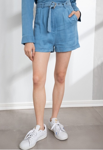 Origin by Zalora blue Belted Turn Up Shorts made from Tencel F6BD1AAC508B0EGS_1