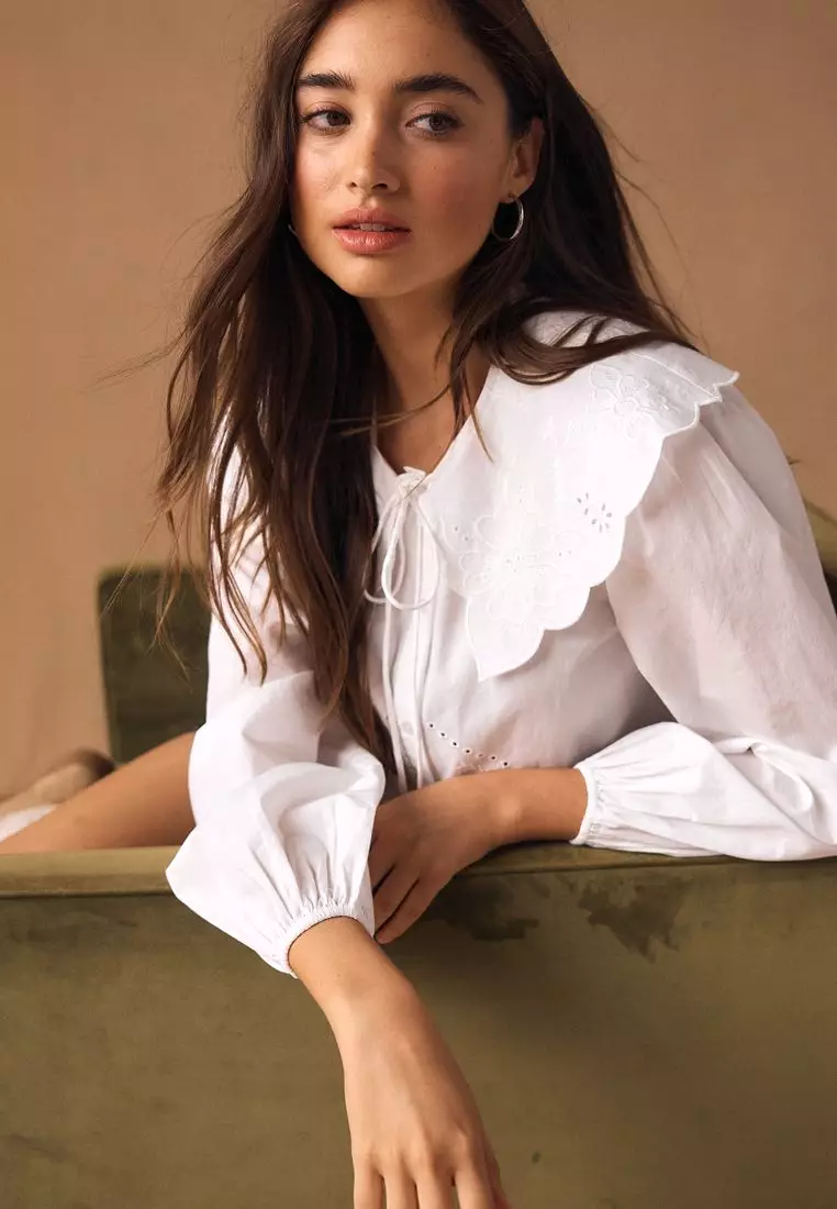 Statement Collar Broderie Long Sleeve Blouse