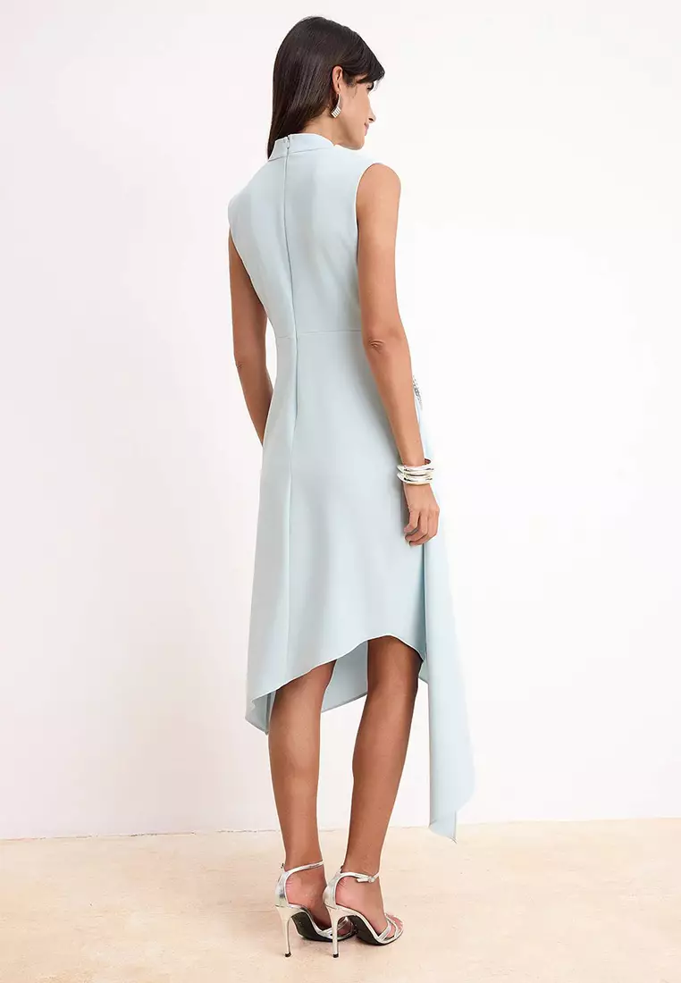 Light Blue Accessory Detailed Woven Finike Midi Dress Tprss26El66