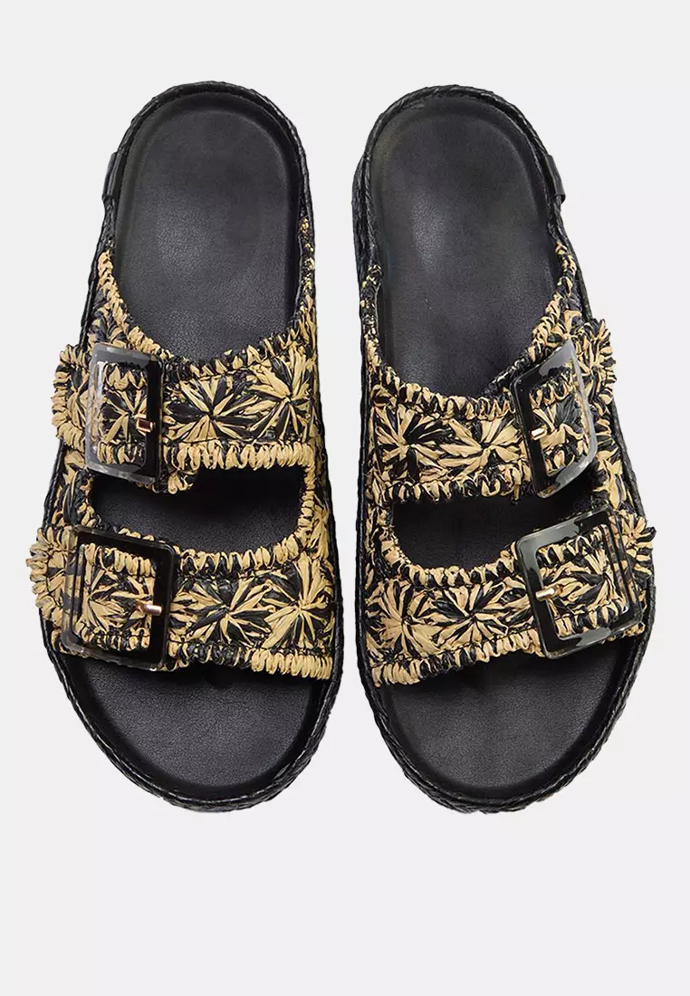 Double-Strapped Straw Slippers