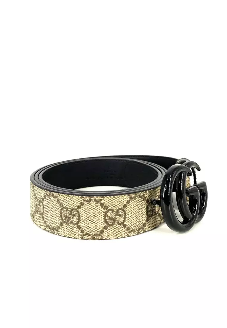 Gucci Belt GG Supreme Black G Buckle in Beige Ebony