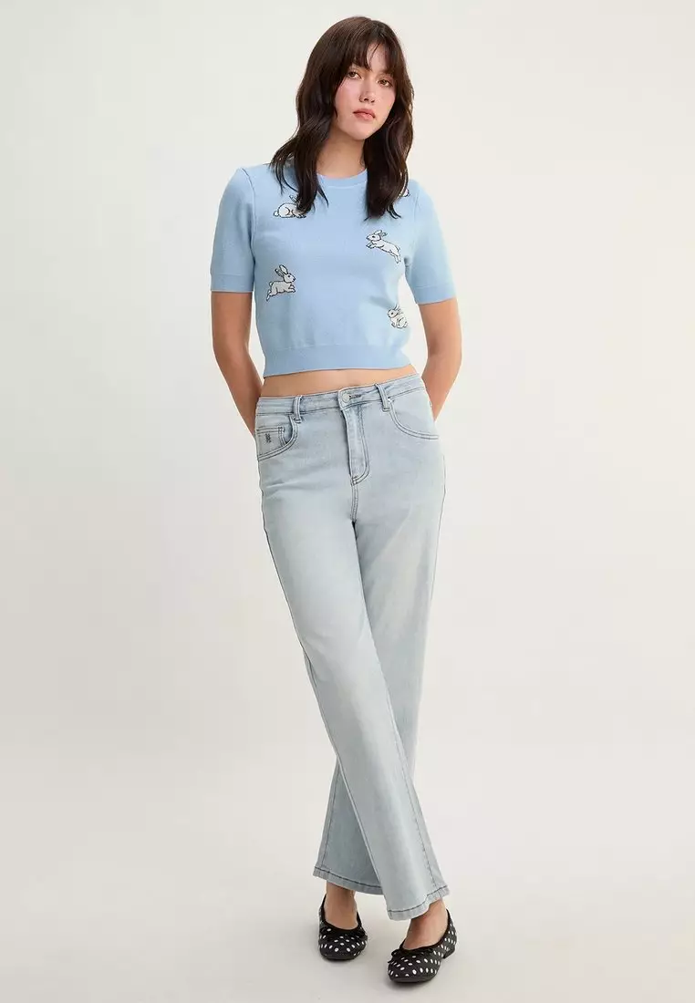 Embroided Bunny Knit Crop Top - Blue