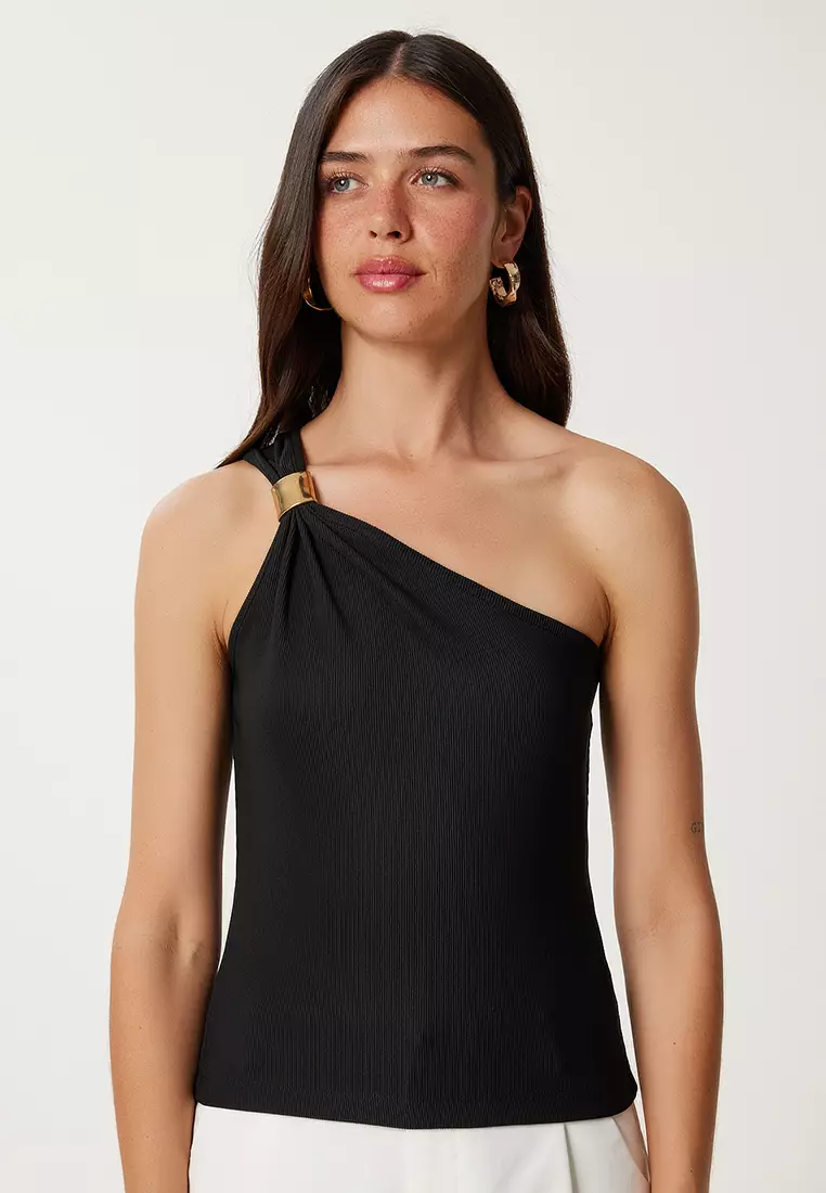 Women's Black One Shoulder Ribbed Knitted Blouse Pb00044