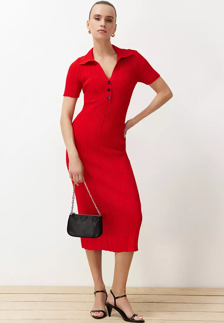 Red Plain Maxi Maxi Knitwear Polo Neck Knitwear Dress TWOSS24EL00282