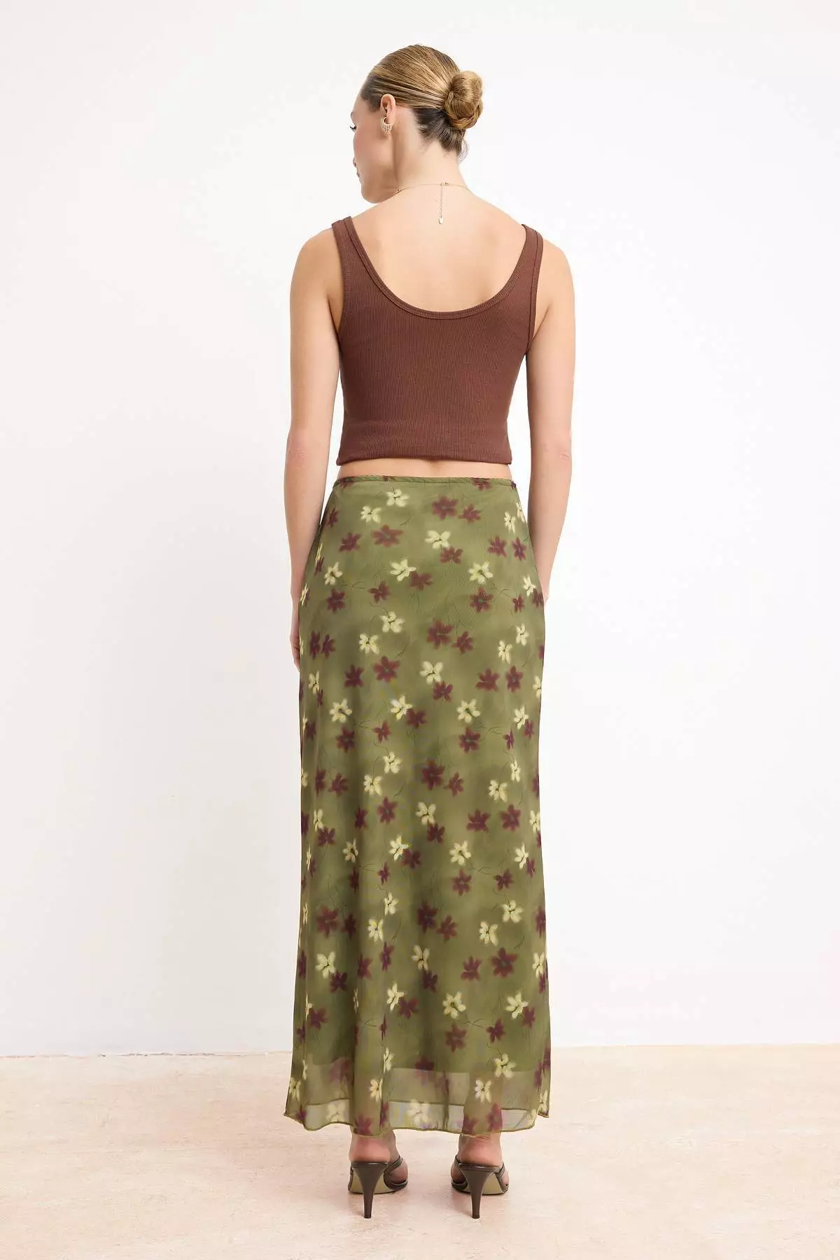 Khaki Abstract Patterned Tulle Lace Detailed Stretchy Skirt Twoss25Et153Skirt Twoss25Et153