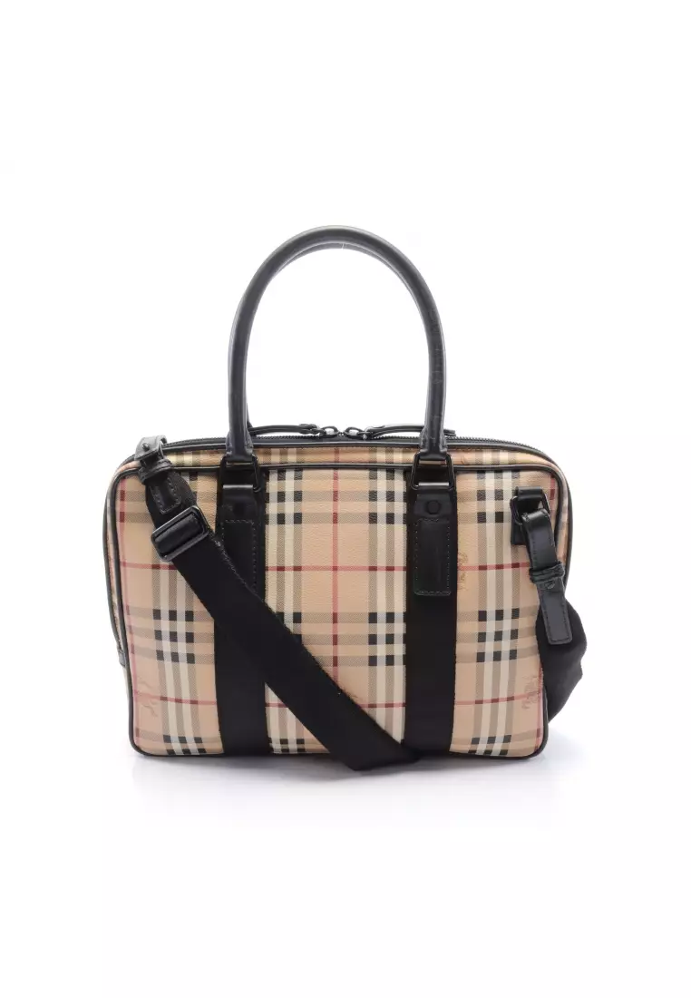 Authentic Burberry Small Tote Bag Party Beige House Check PVC Leather Sz S  Plaid
