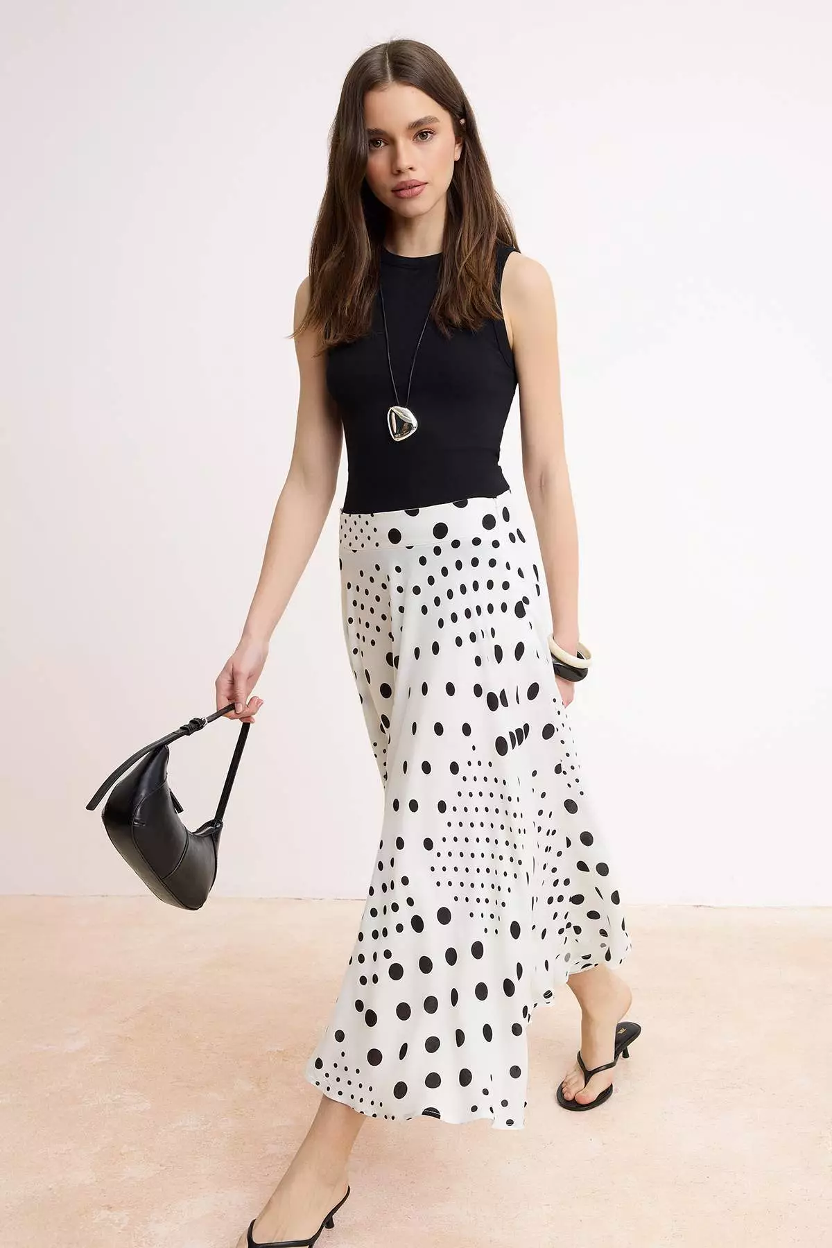 White Black Polka Dot Midi Flared Viscose Skirt Twoss26Et19