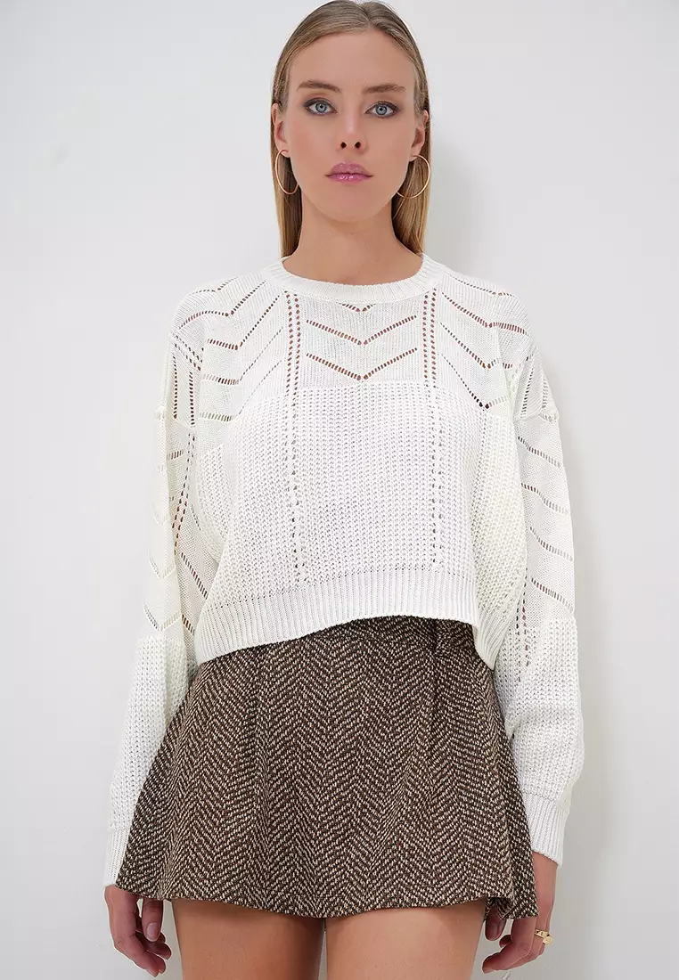 Crew Neck Openwork Knitted Sweater