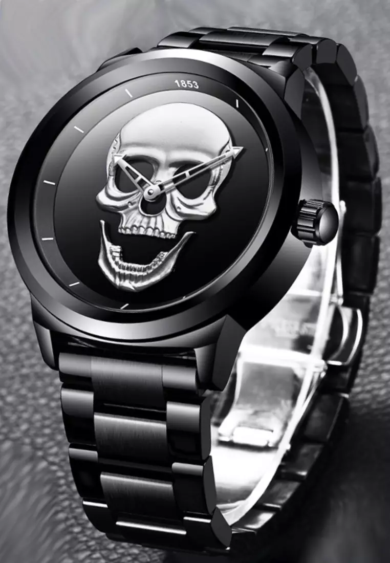 Unisex Skull IP Black Stainless Steel Quartz Watch on IP Black Steel Bracelet