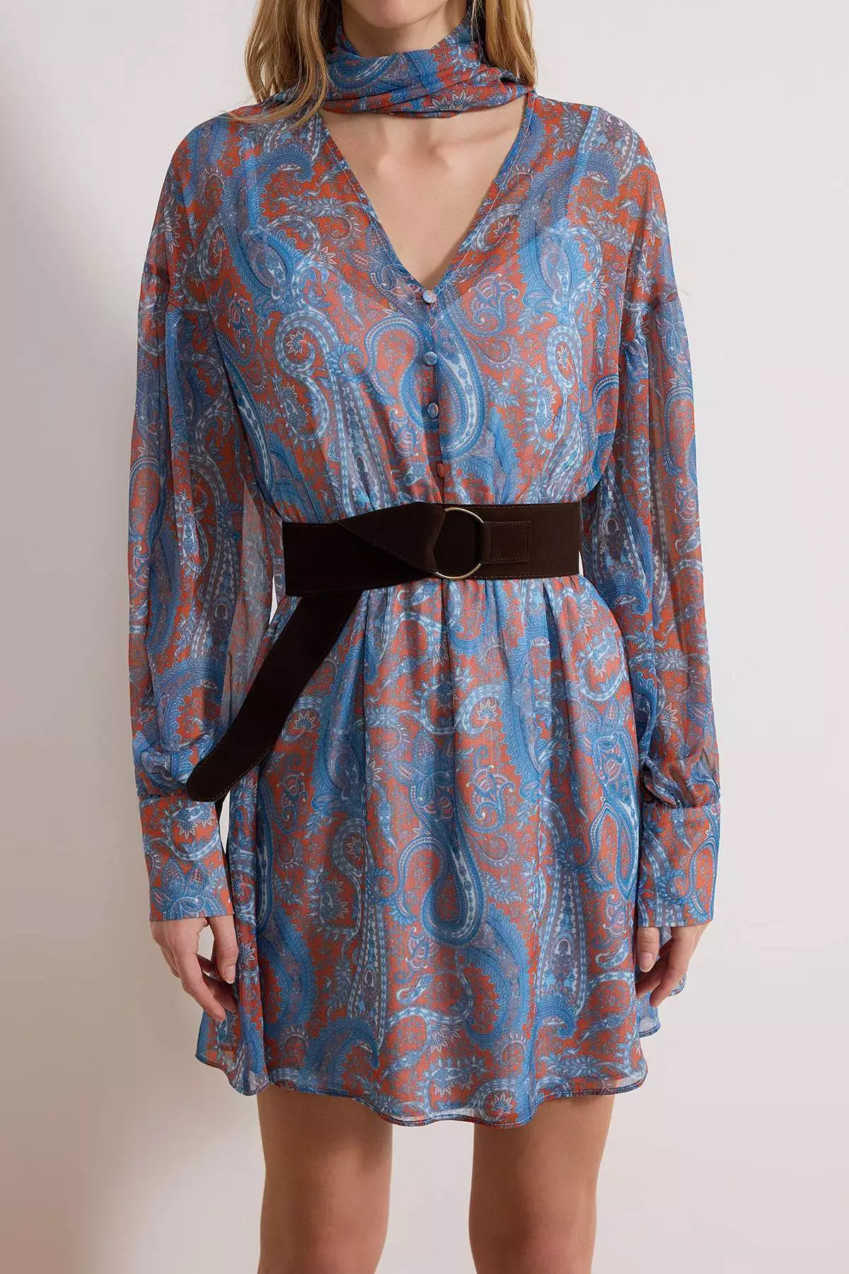 Multi-Colored Scarf Detailed Suede Belted Mini Woven Dress Twoaw26El377