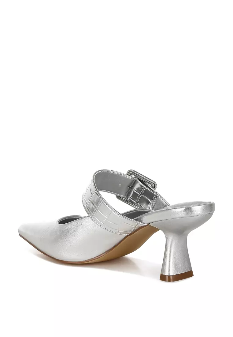 Large Buckle Kitten Heel Mules In Silver