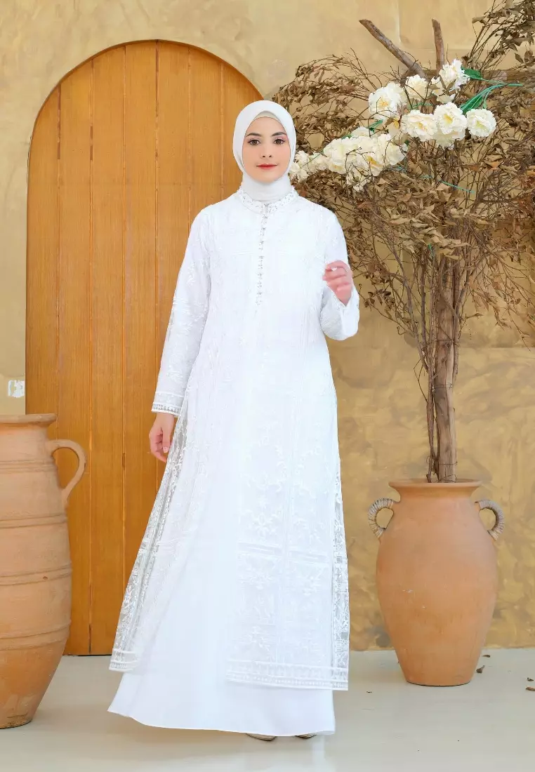 Mosleem Long Dress White Payet Elegan By Briiliant Girl Warna Putih