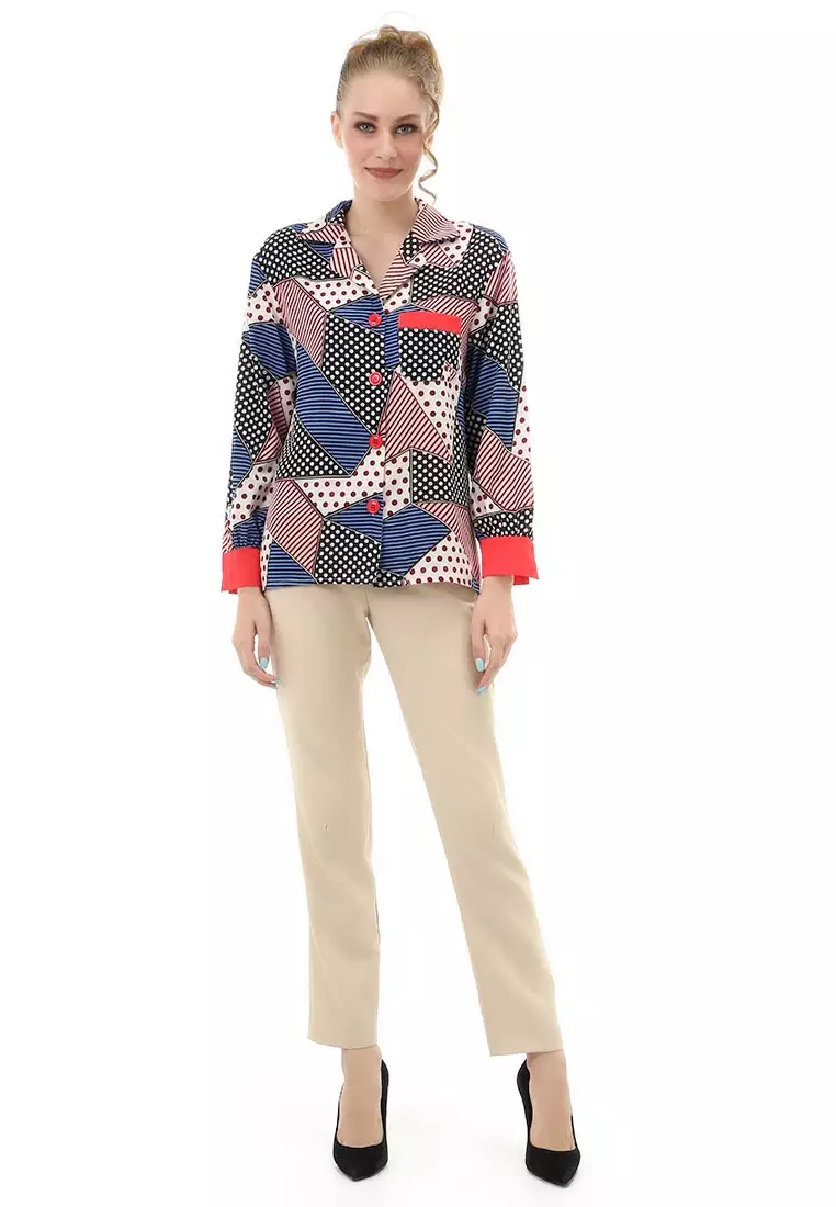 Holly Baju Atasan Kasual Wanita Kemeja Corak Lengan Panjang Material Twiscone ORIGINAL - Blue