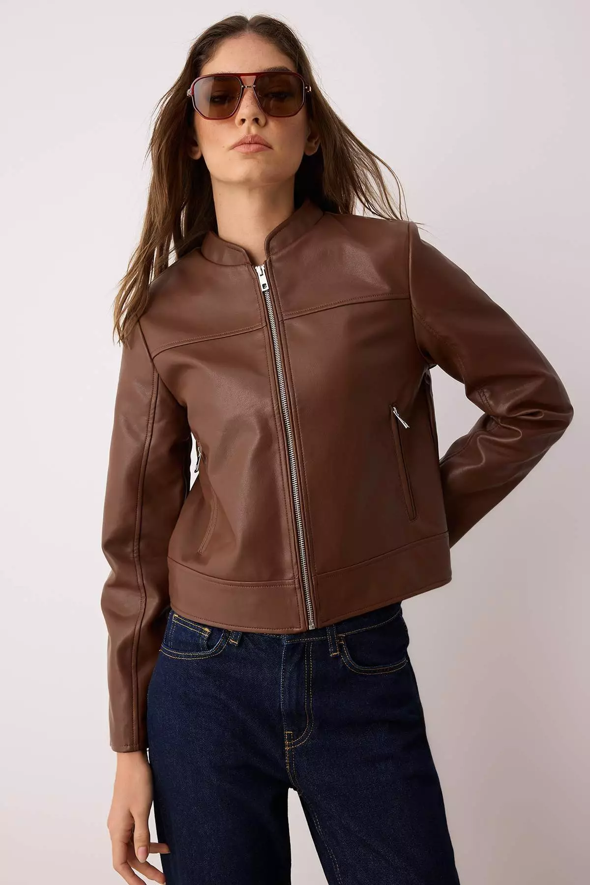 Dark Brown Fitted Mold Faux Leather Biker Slim Jacket Coats