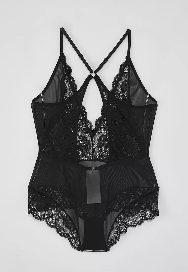Black Tulle Lace Detailed Coverless Knitted Bodysuit THMSS25BD00008