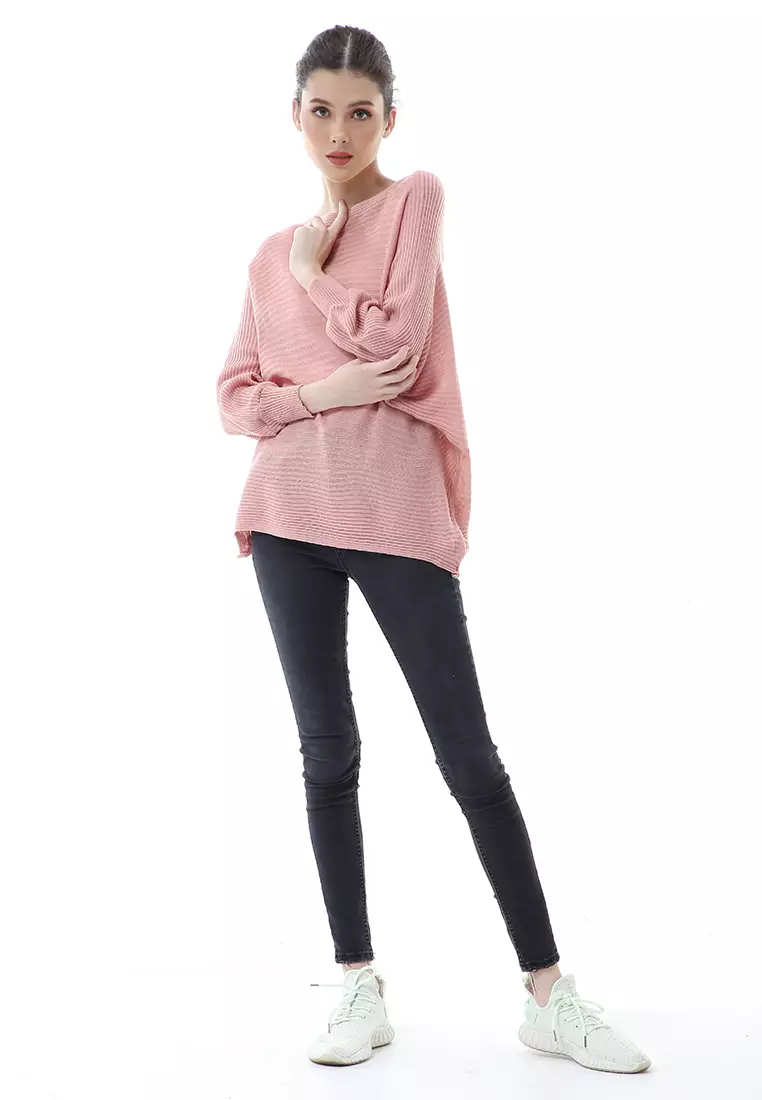 Eveline Sweater Rajut Batwing Atasan Wanita Motif Polos High Quality - Dusty Pink