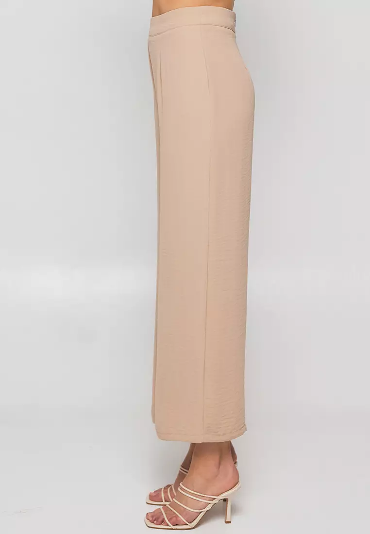 camel-High Waist Fitted Palazzo Pants