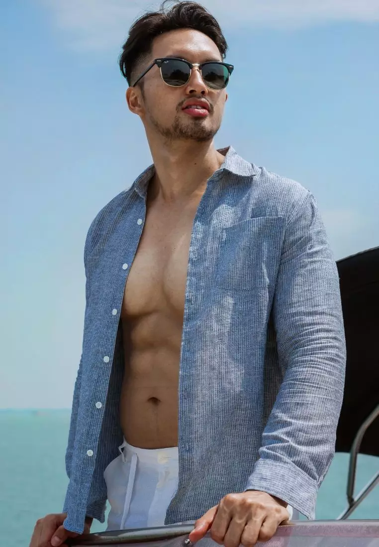 Maldive Kemeja Linen Lengan Panjang Pria Biru Stripe | Linen Long Sleeve Shirt Men Stripped Blue