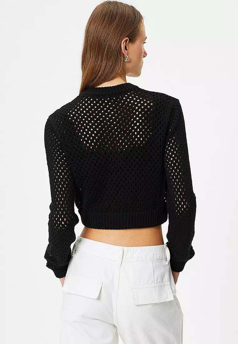 Openwork Zippered Crop Knitwear Cardigan