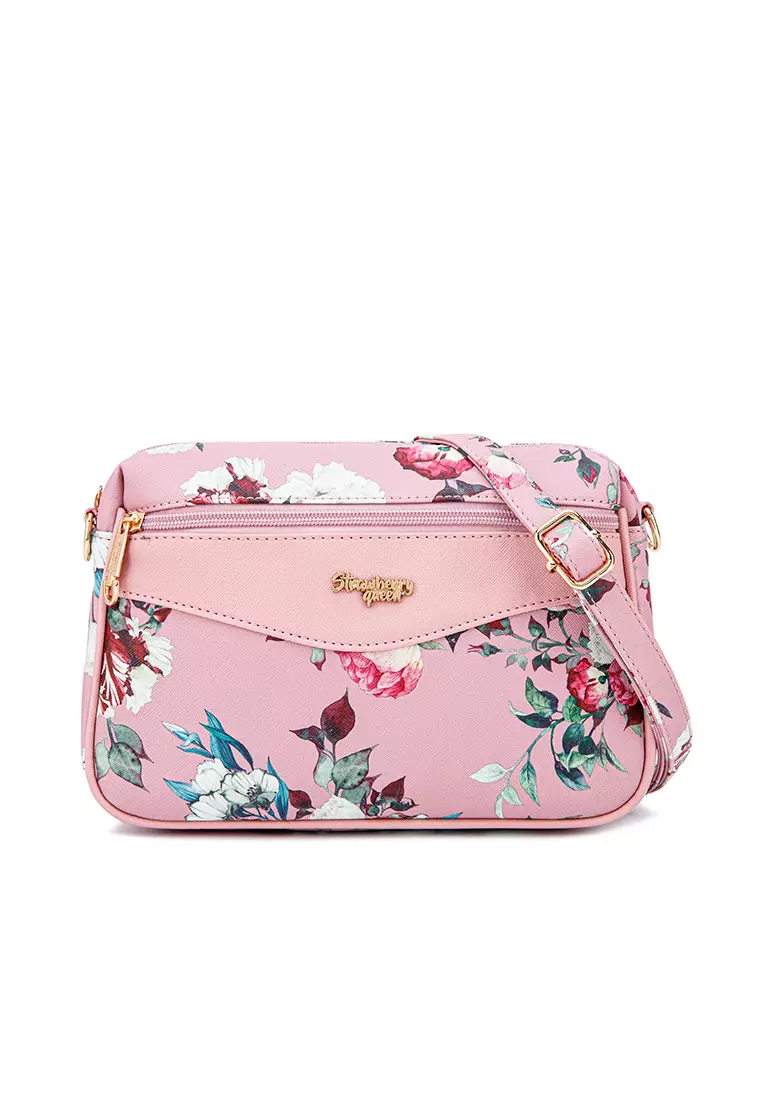 Strawberry Queen Coco Sling Bag with Gold Chain Strap (Floral BL, Pink)