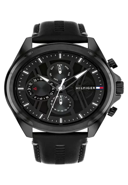 Men's Stainless Steel Case & Black Leather Strap Quartz Watch - TH1710654