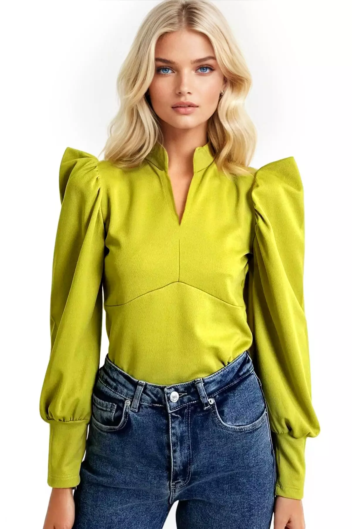 Women's Oil Green Prevailing Collar Princess Sleeve Woven Crop Blouse Alc-X9659