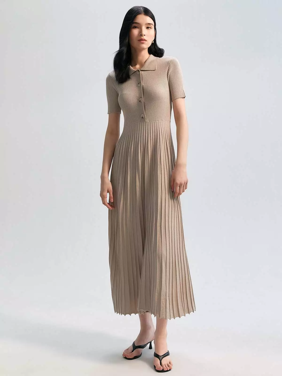 Button Up Pleated Midi Dress - Beige