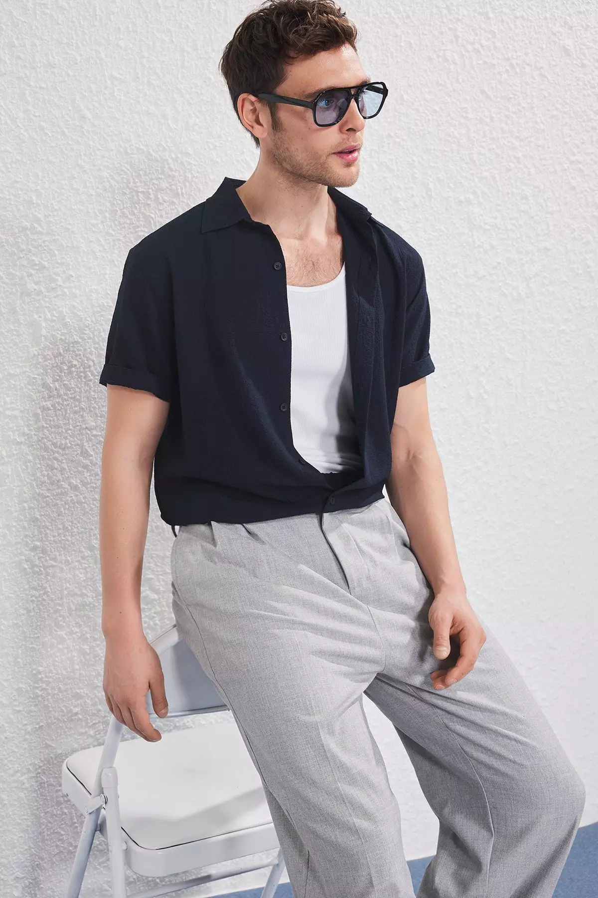 Navy Blue Regular Fit Textured Loose Casual Men's Shirt TMNSS25GO00076