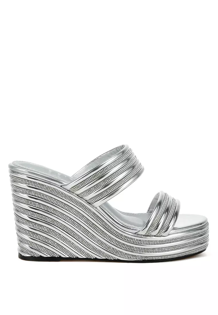 Metallic Faux Leather Wedge Sandals in Silver