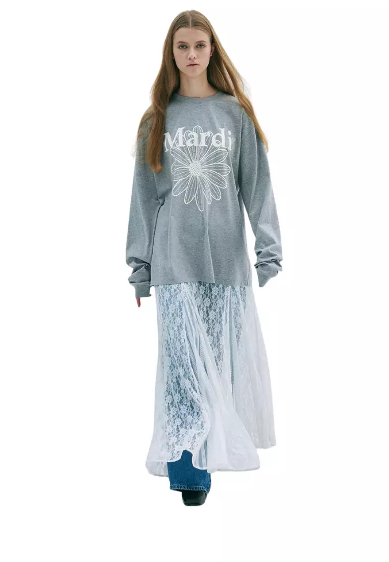 Unisex Tshirt Long Sleeve Flowermardi - Grey Ivory