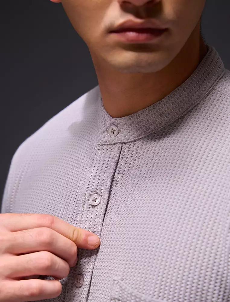 OXCON kemeja Tangan Panjang Waffle Kerah Collarless Light Grey