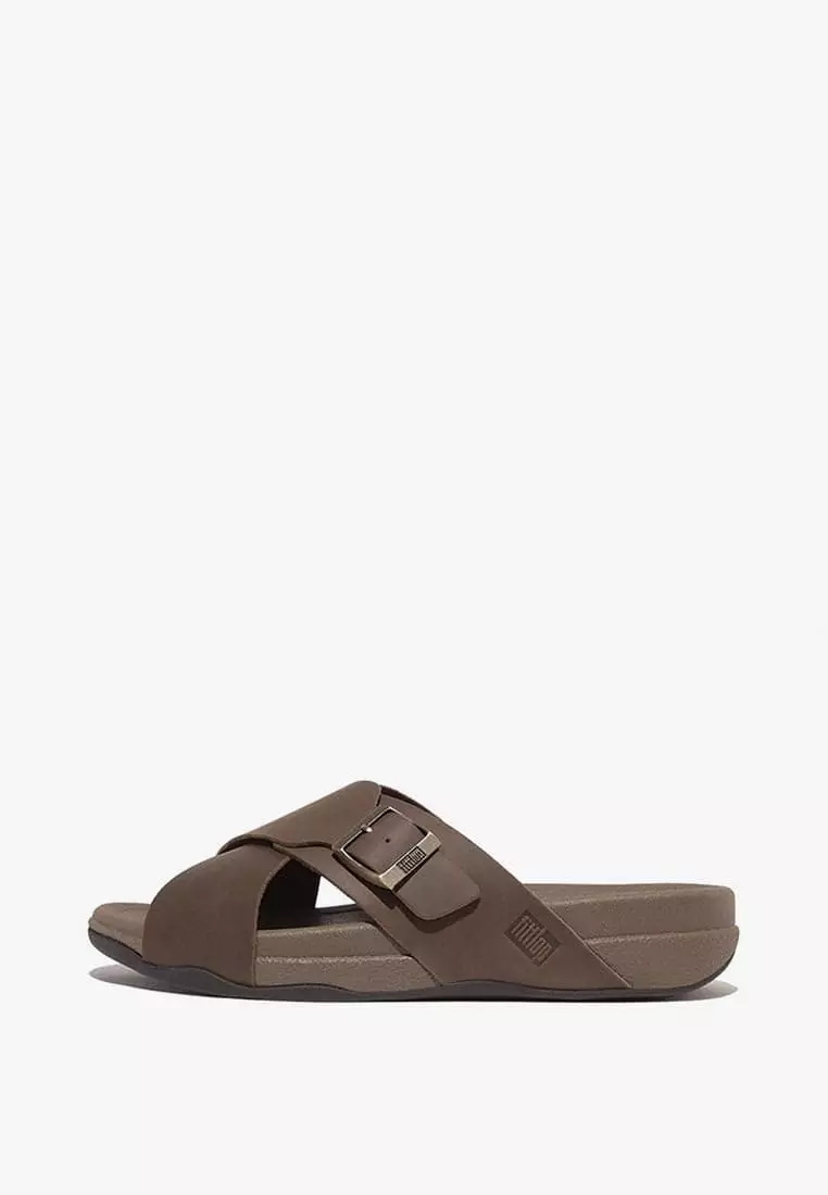 Discount on Fitflop  shoes - SKU: Fitflop Surfer Men's Buckle Nubuck Cross Slides - Brown