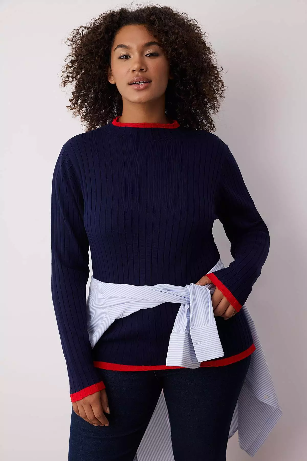 Navy Blue Corded Collar Detailed Knitwear Sweater Tbbaw24An00029