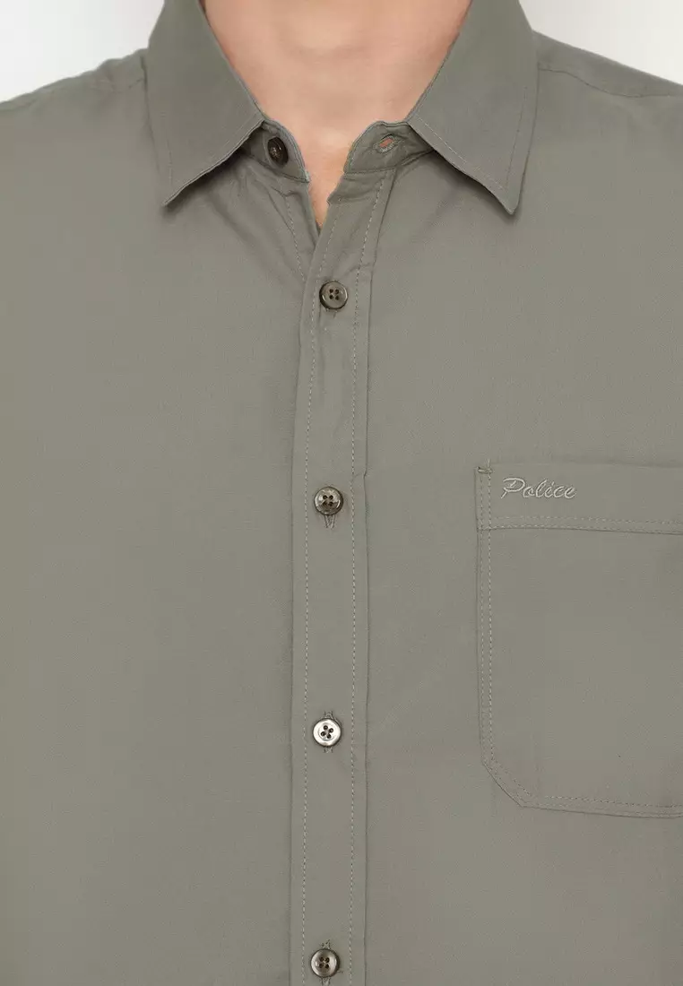 POLICE Kemeja Polos Basic Cotton Soft Grey Regular Fit Pria