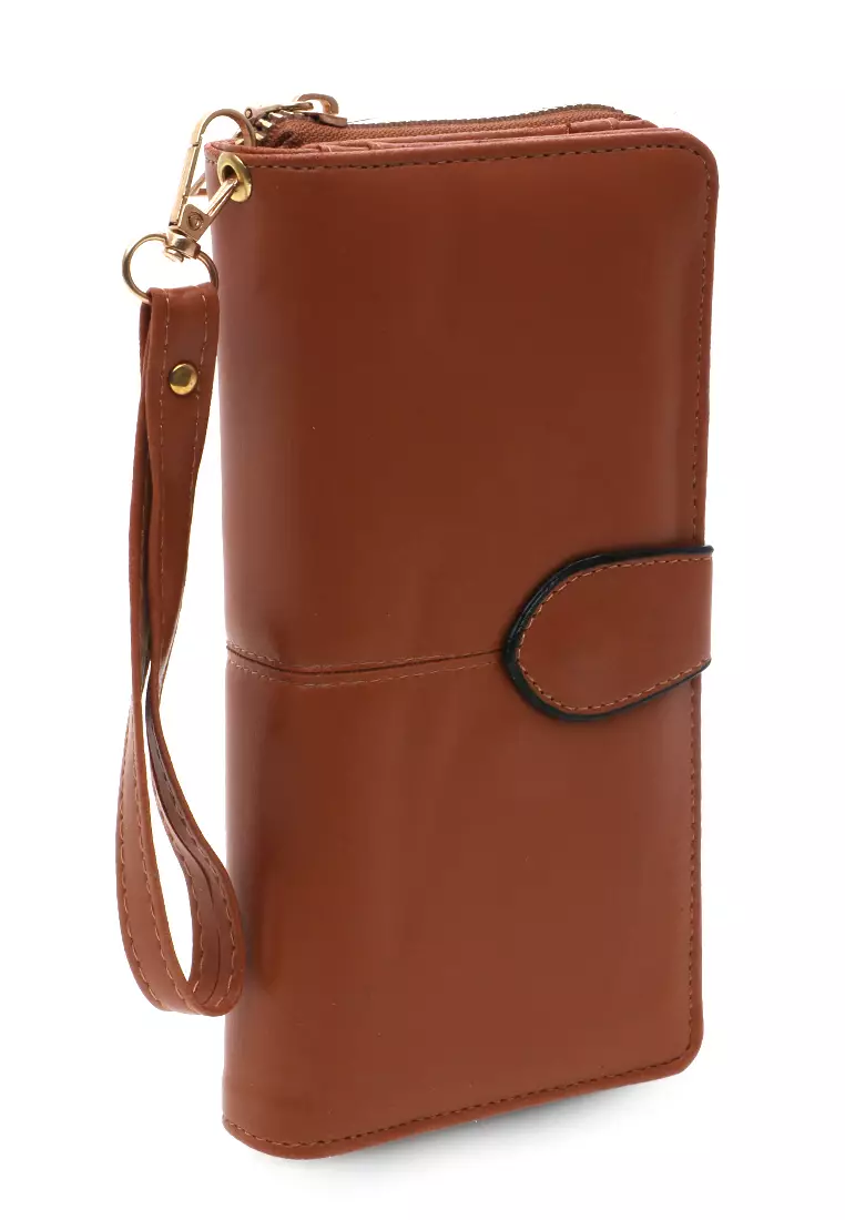 Dompet Leather Wanita Design Casual Long Wallet Soft Large Capacity Free Tali Tangan - Coklat List Hitam