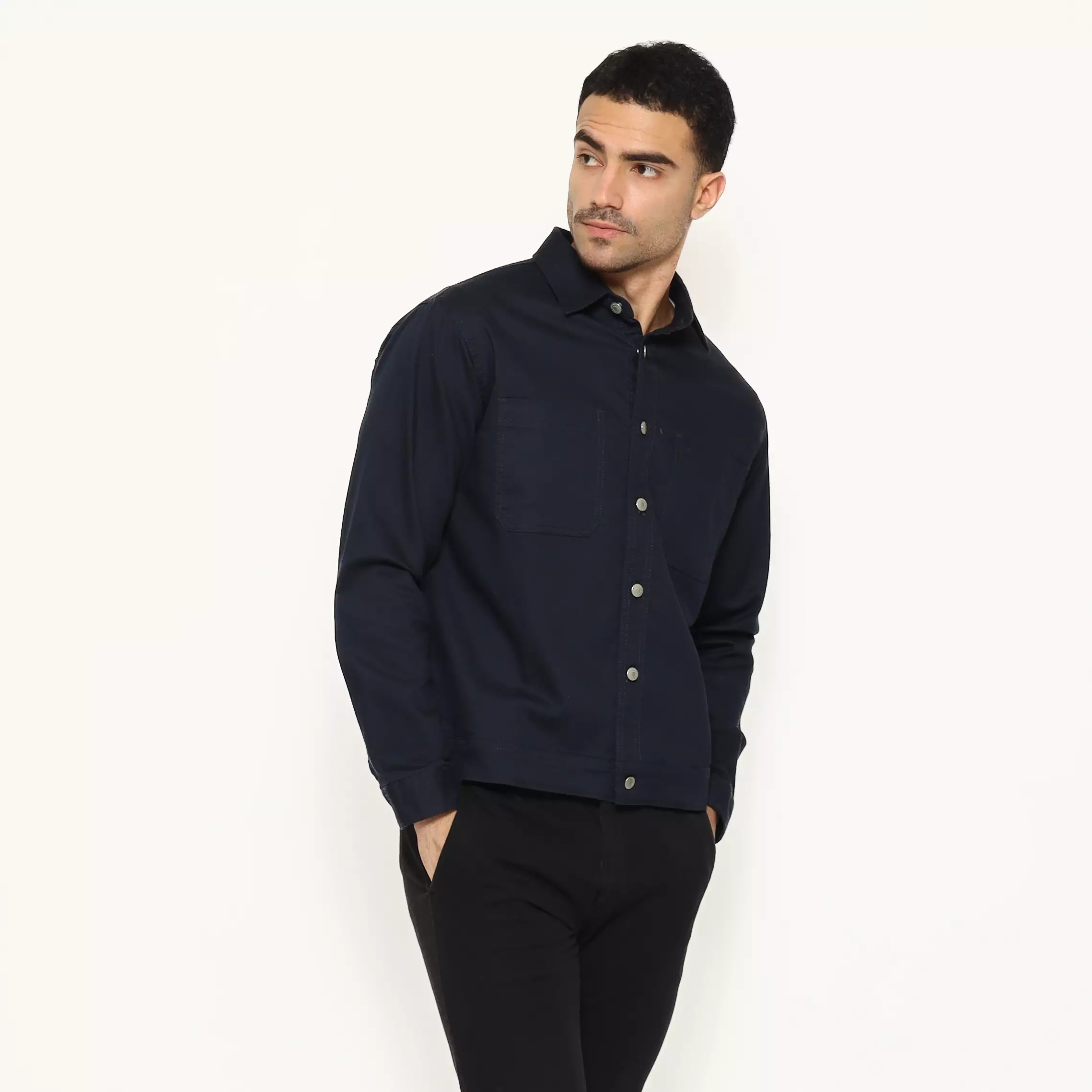 Schoeller Jaket Pria LENNOX Regular Fit Cotton Stretch – Motif Twill Kecil Warna Navy