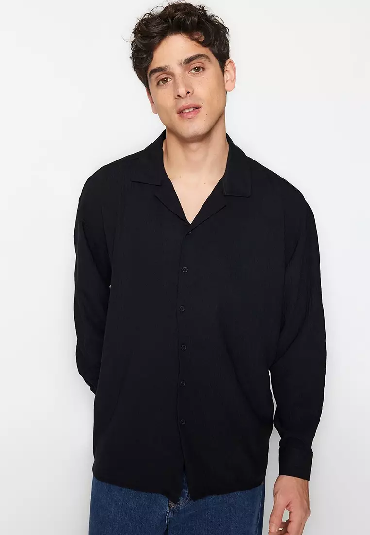 Black Regular Fit Open Collar Summer Linen Look Plus Size Shirt TMNSS24AX00012