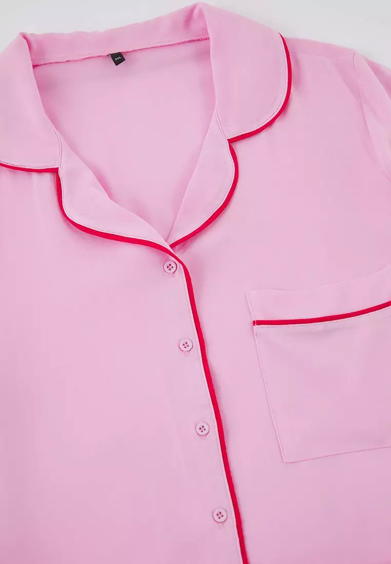 Pink Piping Detailed Viscose Woven Pajama Set Tbbss25Ai00016