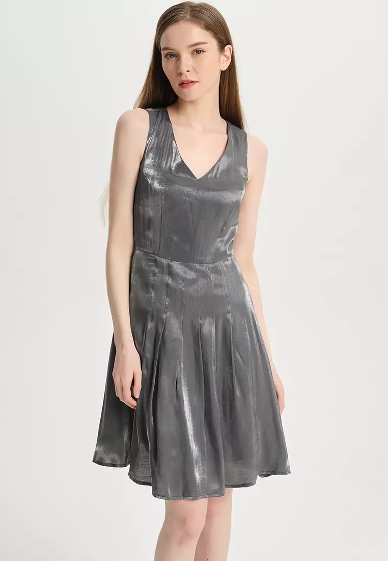 Temperament V-neck Color-Changing Glazed Satin One Piece Dress B22041204SL