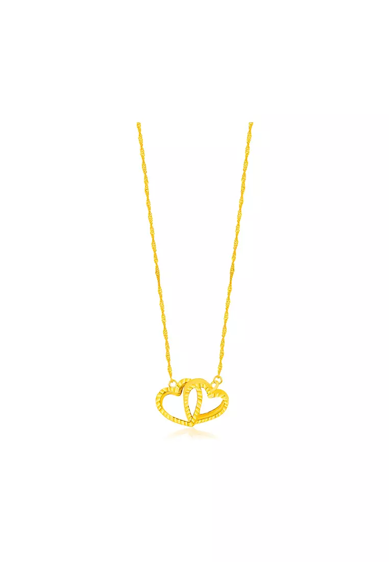 375/9K Gold Plain Double Heart Interlocking Pendant Necklace Set RK182A