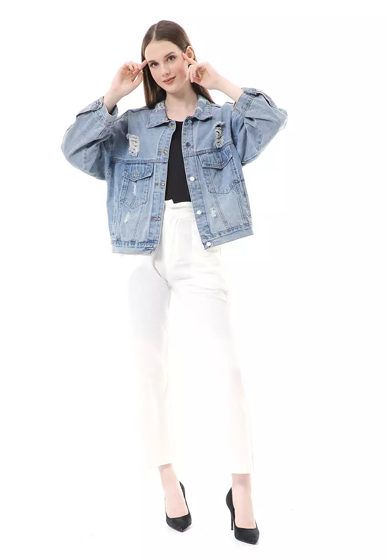 Clara Jaket Jeans Atasan Wanita Oversize Motif Polos High Quality - Blue