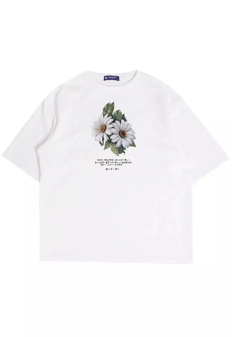 MTT62 Kaos gambar bunga oversize scuba "two daisies" putih