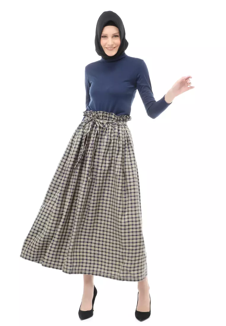 Amel Long Skirt Bawahan Wanita Motif Kotak-Kotak Regular Fit - D Blue