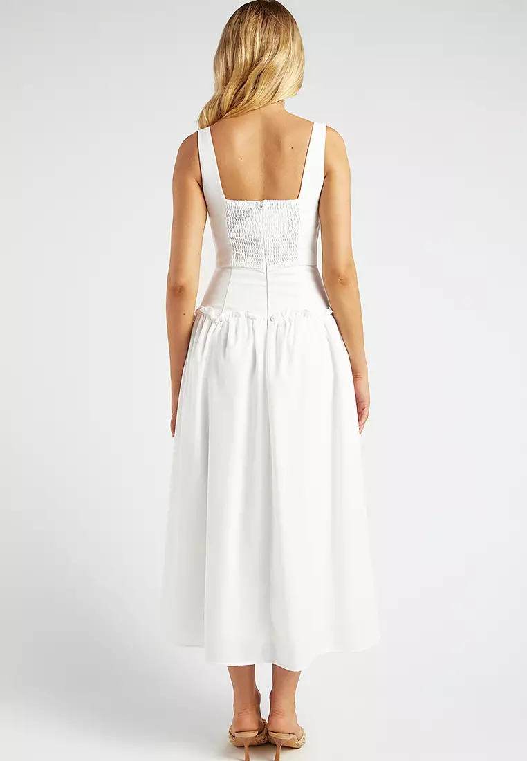 Drop Waist Scallop Frill Detail Midi Dress