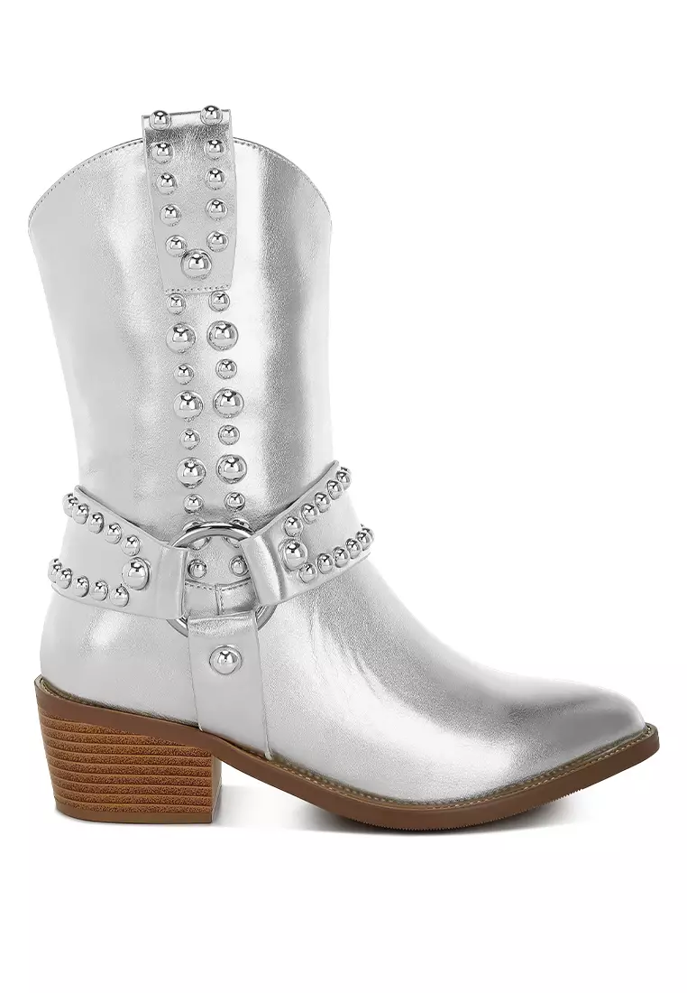 Studded Harness Detail Boots in Silver