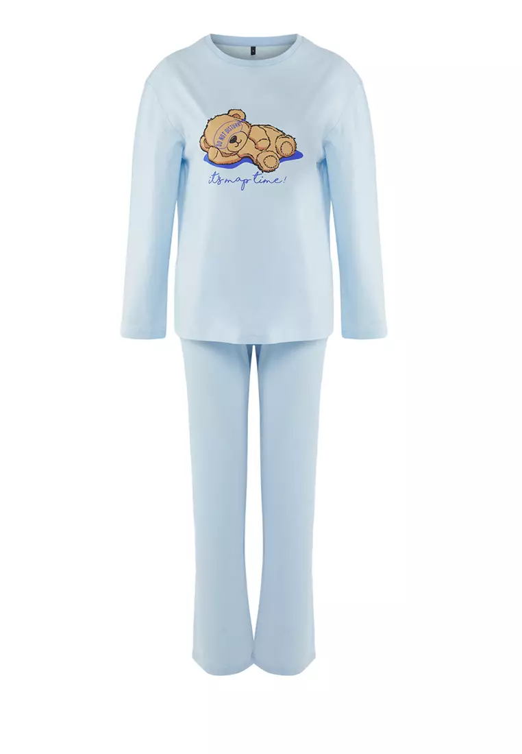 Blue %00 Cotton Teddy Bear and Slogan Printed Knitted Pajama Set THMAW25PT00186