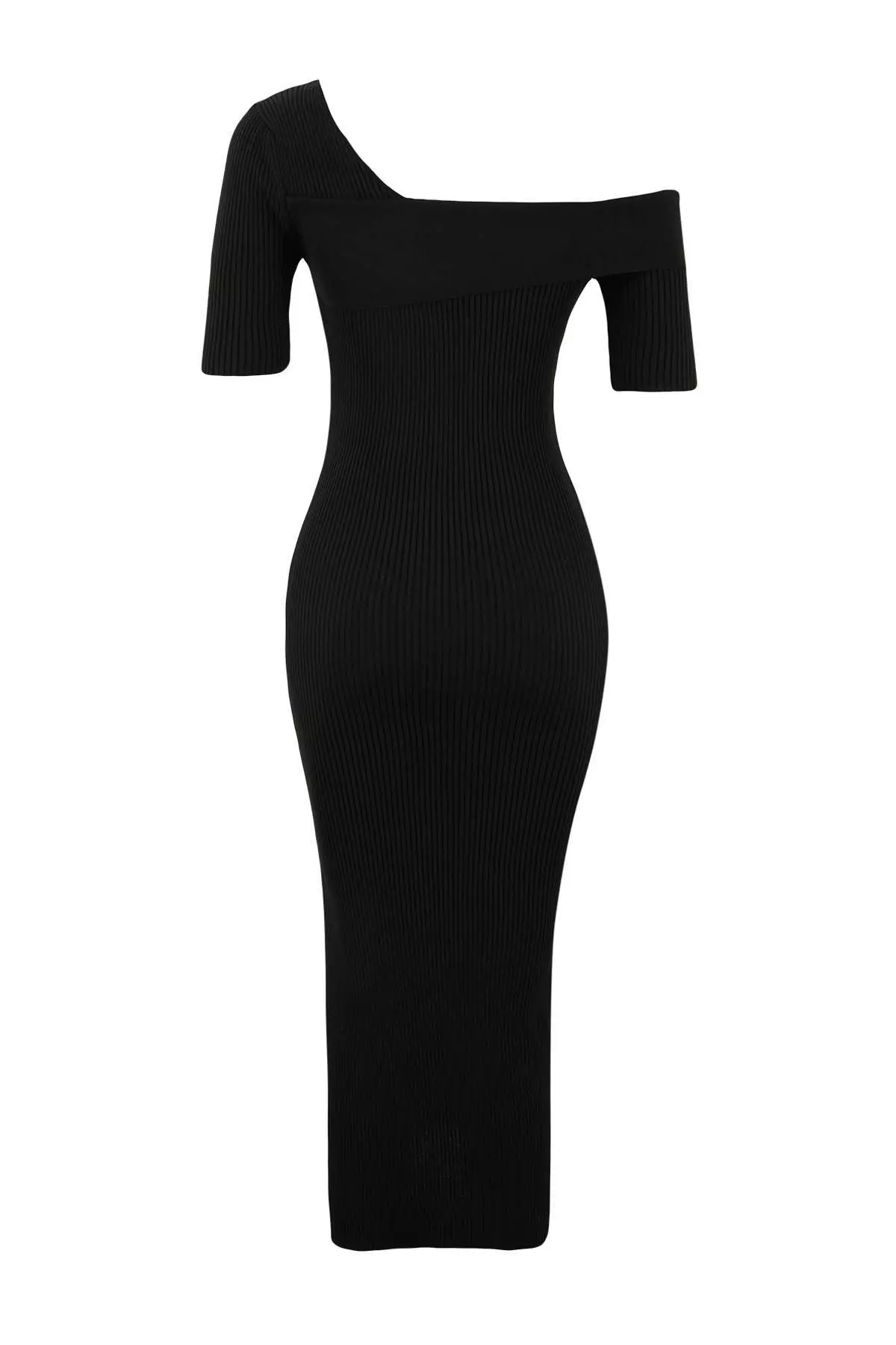 Black Asymmetric Neck Straight Midi Knitwear Dress Twoss26El11