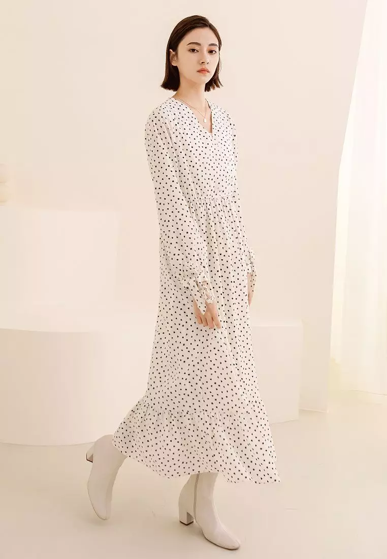 V-Neck Polka Dot Long Sleeve Tie-Waist Flared Midi Dress with Ruffle Hem [DA9448]