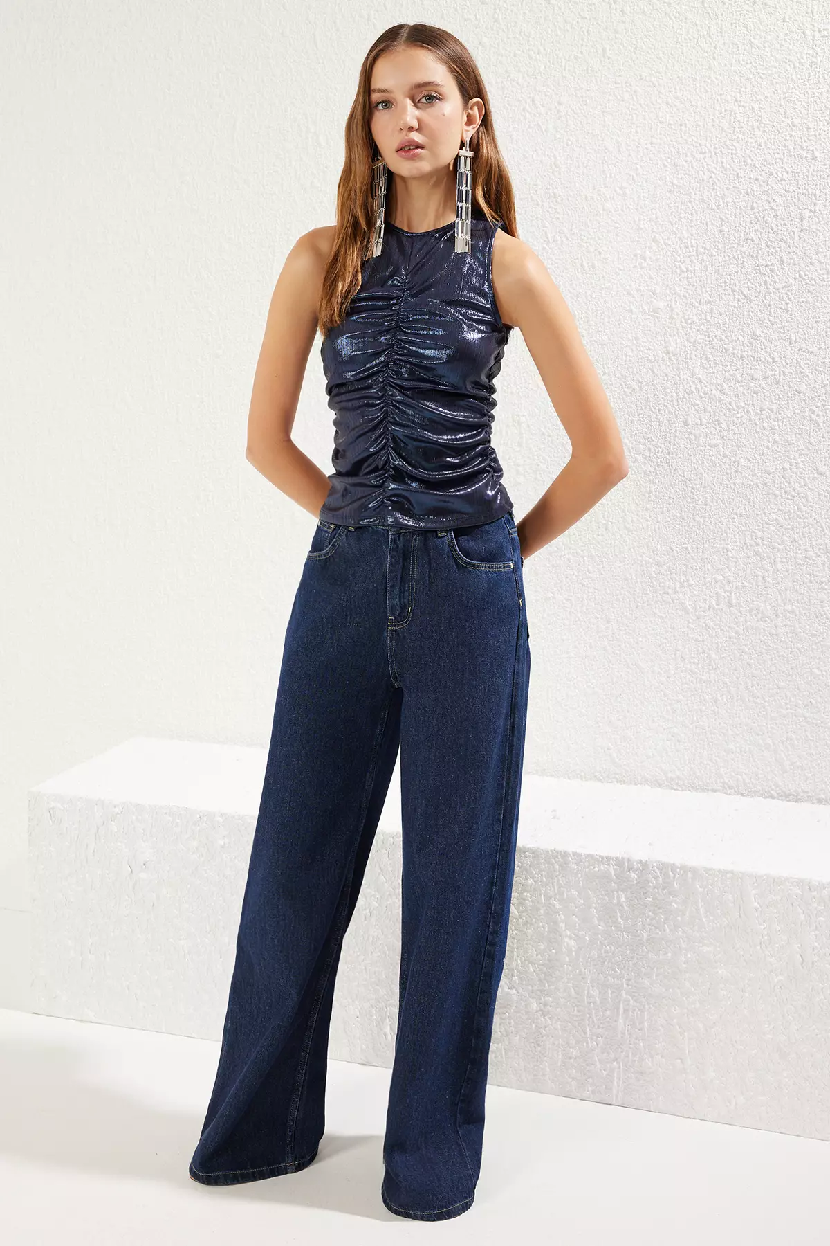 Navy Blue Metallic Look Shiny Knitted Blouse